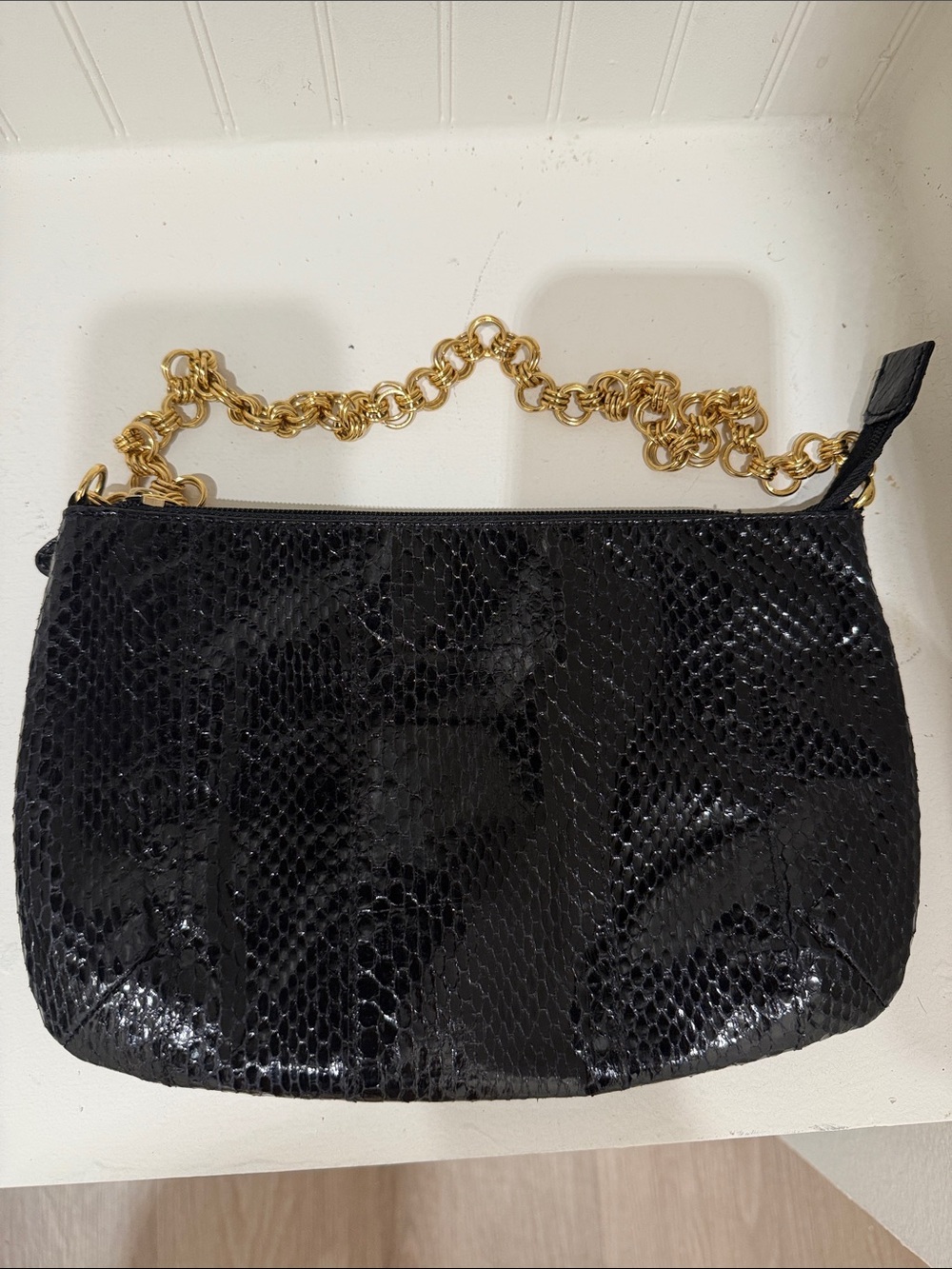 Bloomingdale's Black Snake-Texture Clutch with Gold Chain
